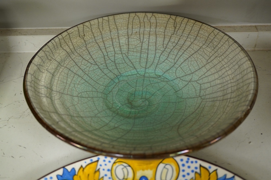 A Gustavsberg Argenta ware footed dish, a signed maiolica charger and a studio pottery crackle glazed bowl, largest 35cm